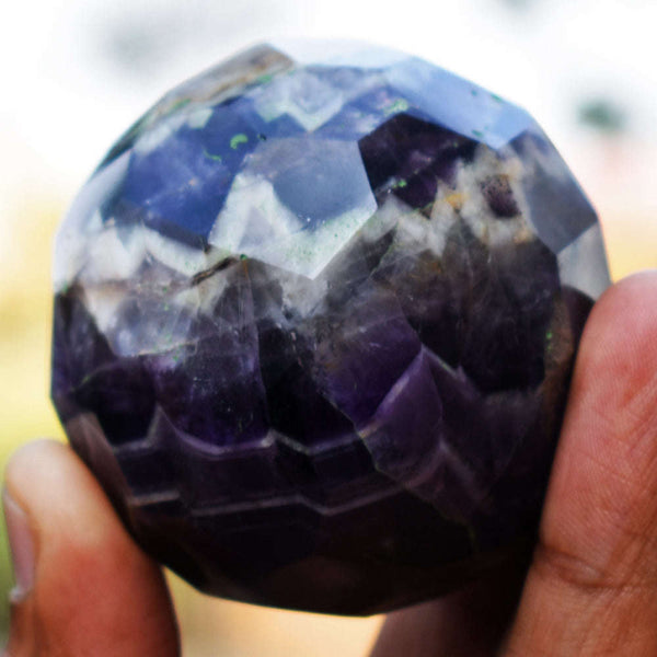 gemsmore:Amazing Chevron Amethyst Hand Carved Checkers Cut Crystal Healing Sphere