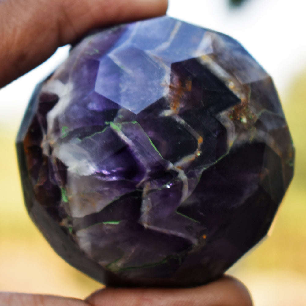 gemsmore:Amazing Chevron Amethyst Hand Carved Checkers Cut Crystal Healing Sphere