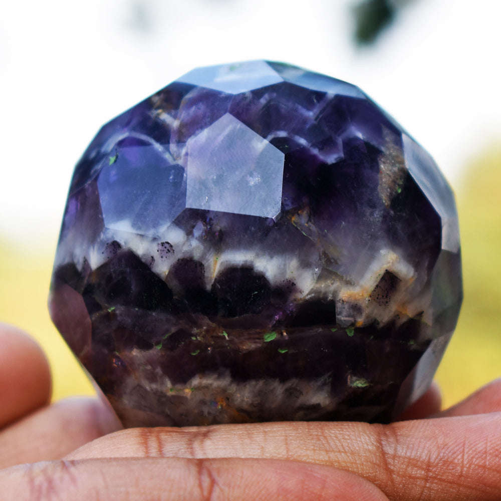 gemsmore:Amazing Chevron Amethyst Hand Carved Checkers Cut Crystal Healing Sphere