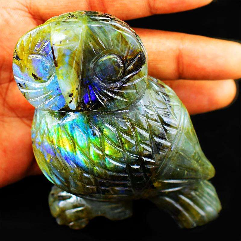 gemsmore:Amazing Flash Labardorite Artisian Hand Carved Owl