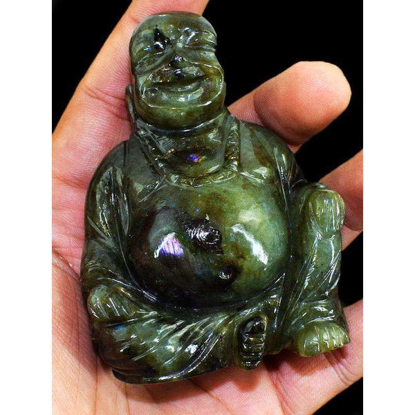 gemsmore:Amazing Flash Labradorite Carved Laughing Buddha Idol ( Happy Man )