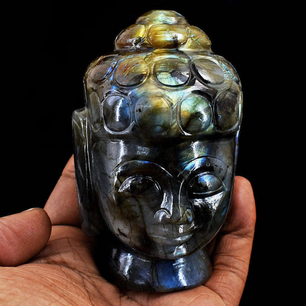 gemsmore:Amazing Flash Labradorite Carved Lord Buddha Head Idol