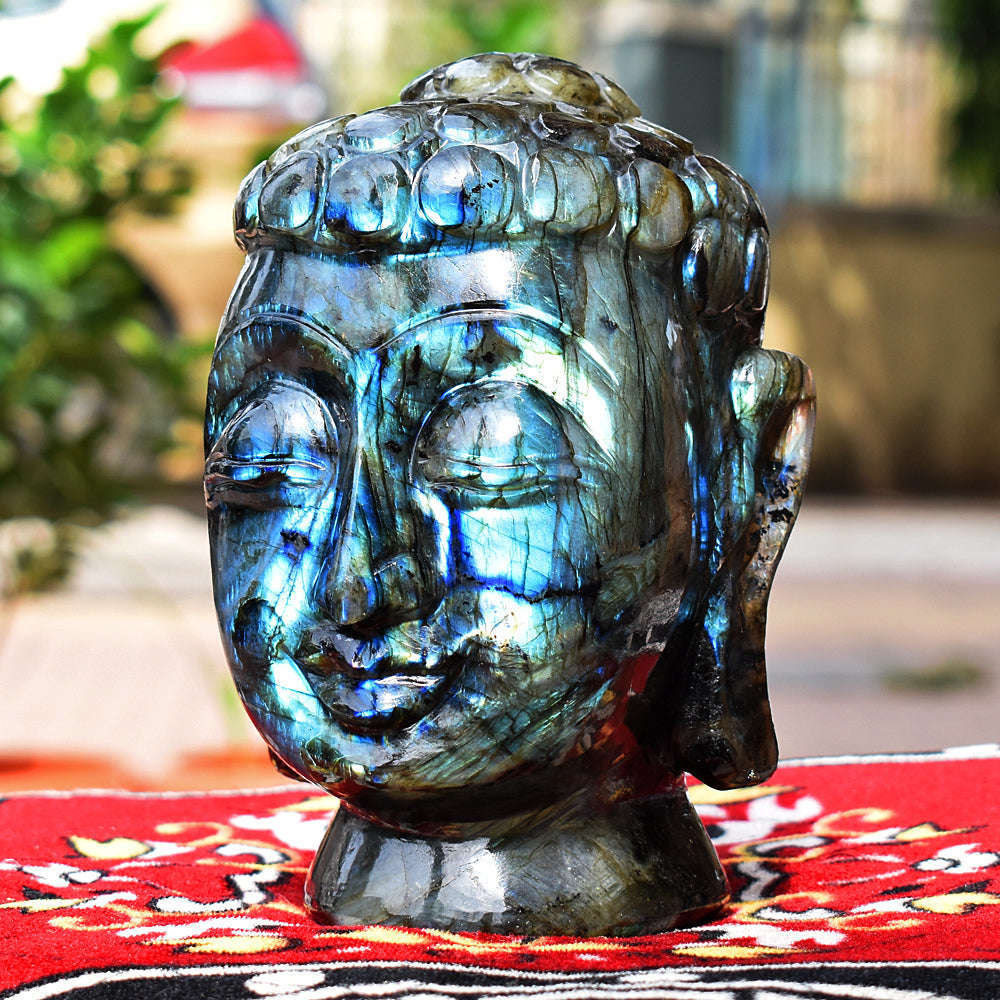 gemsmore:Amazing Flash Labradorite Carved Lord Buddha Head Idol