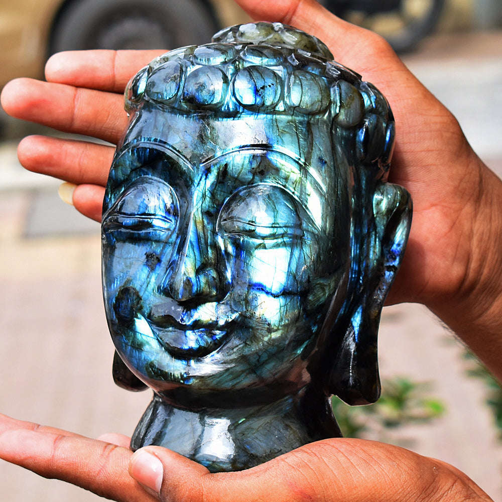 gemsmore:Amazing Flash Labradorite Carved Lord Buddha Head Idol