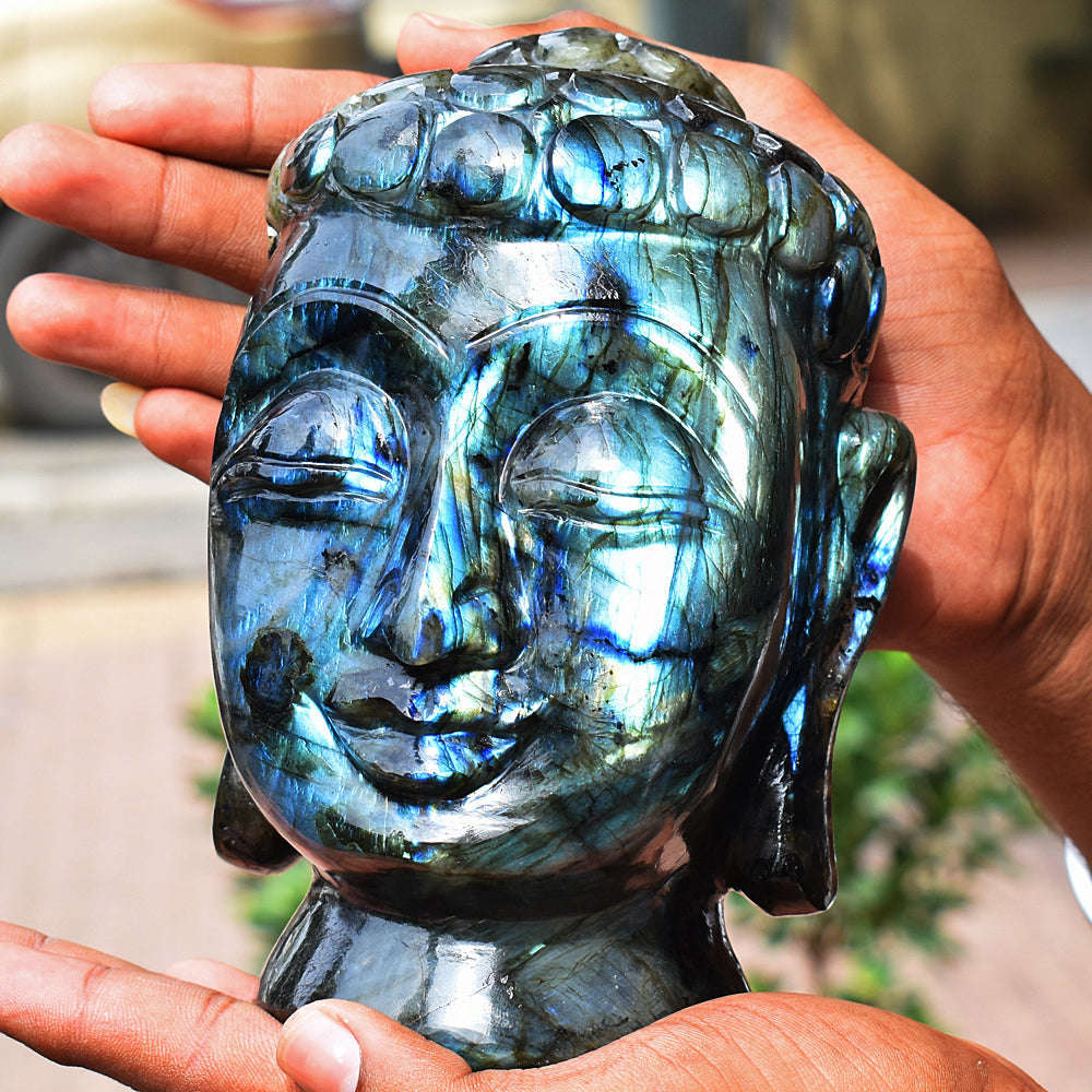 gemsmore:Amazing Flash Labradorite Carved Lord Buddha Head Idol