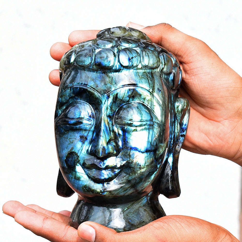 gemsmore:Amazing Flash Labradorite Carved Lord Buddha Head Idol