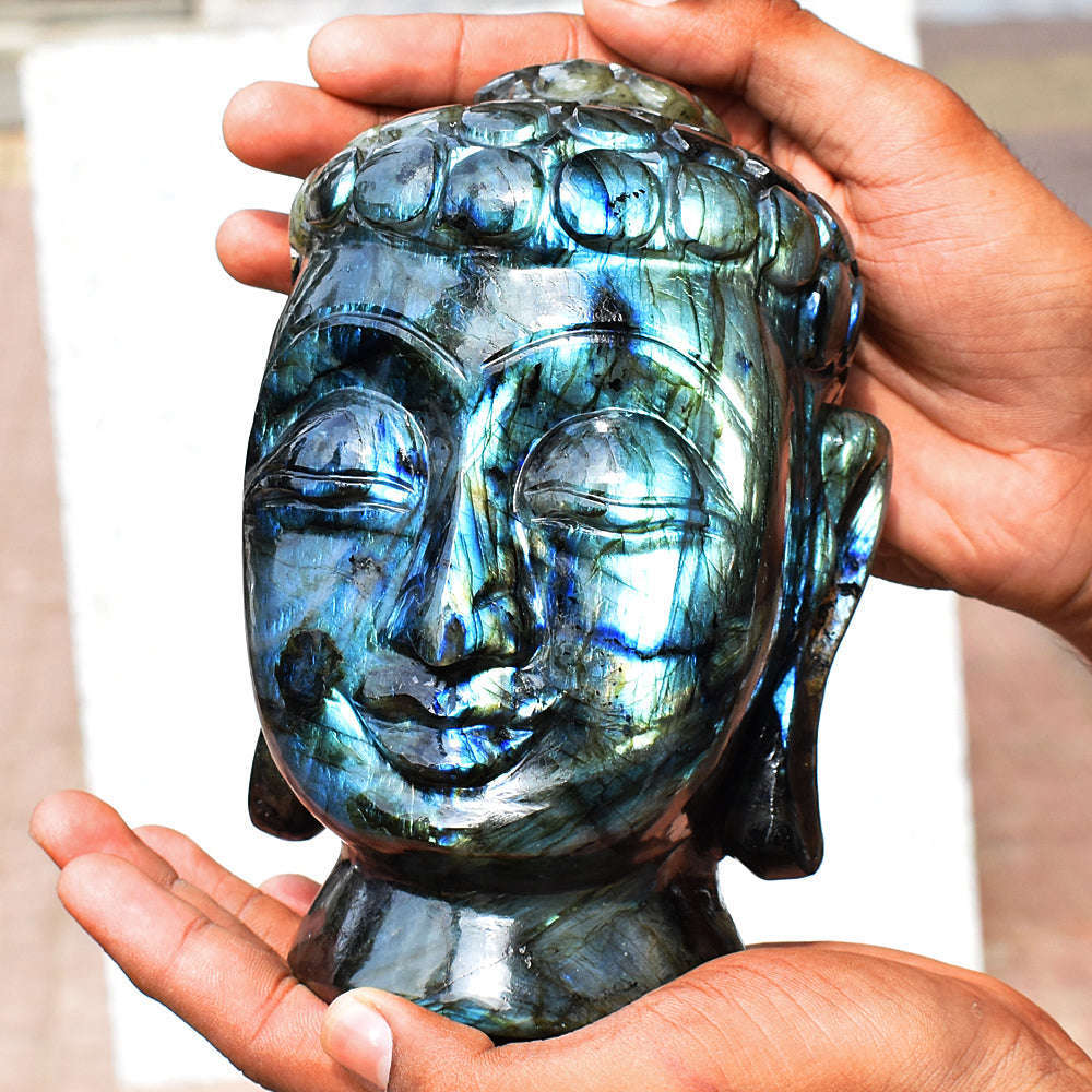 gemsmore:Amazing Flash Labradorite Carved Lord Buddha Head Idol