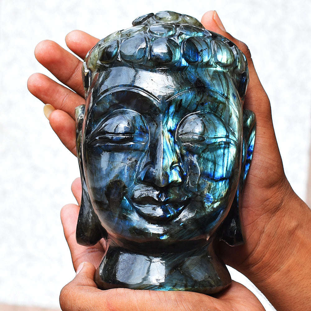 gemsmore:Amazing Flash Labradorite Carved Lord Buddha Head Idol