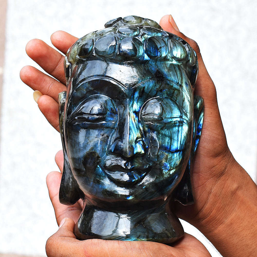 gemsmore:Amazing Flash Labradorite Carved Lord Buddha Head Idol