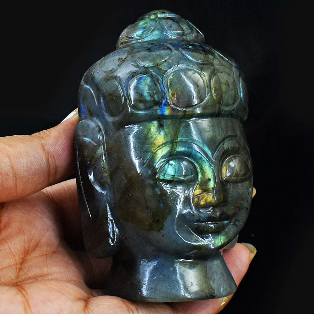 gemsmore:Amazing Flash Labradorite Carved Lord Buddha Head Idol