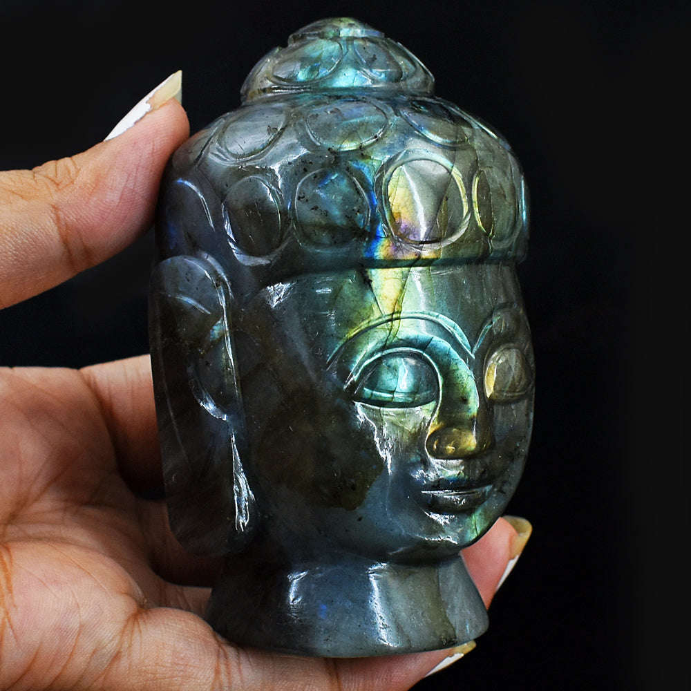 gemsmore:Amazing Flash Labradorite Carved Lord Buddha Head Idol