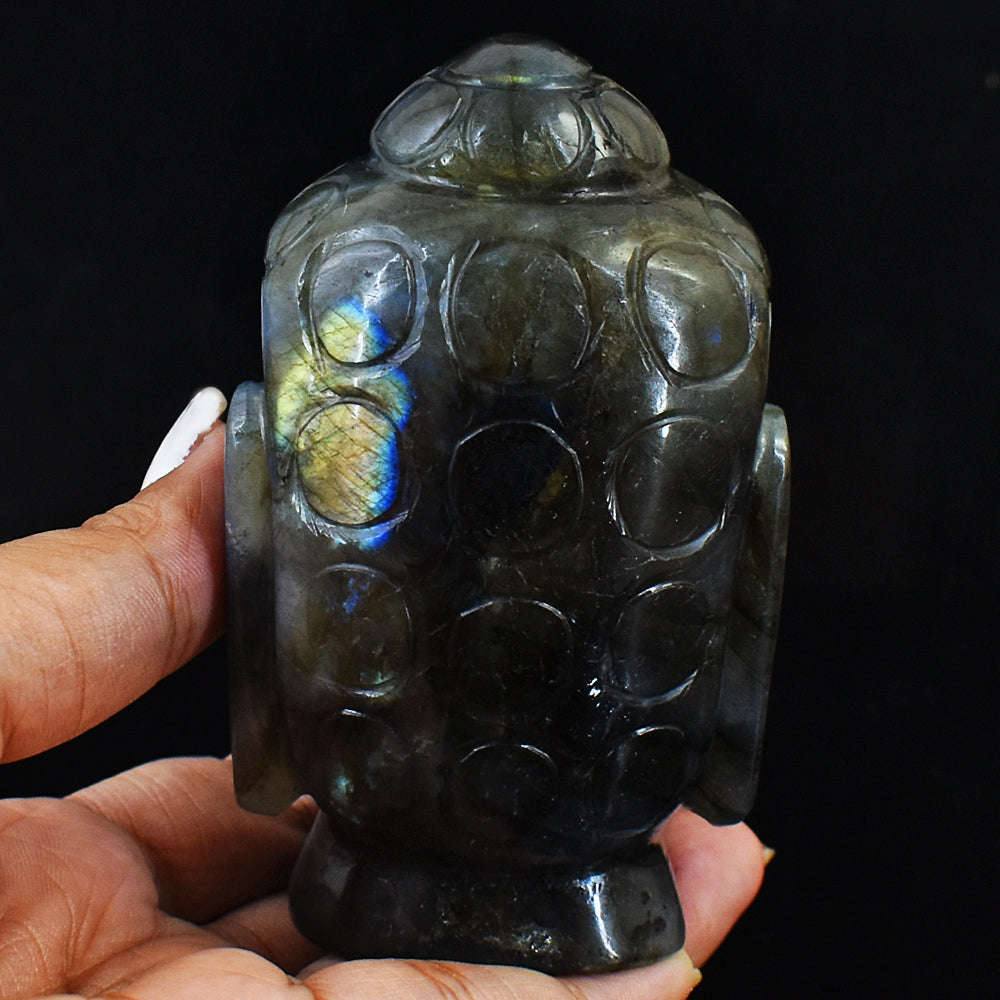 gemsmore:Amazing Flash Labradorite Carved Lord Buddha Head Idol