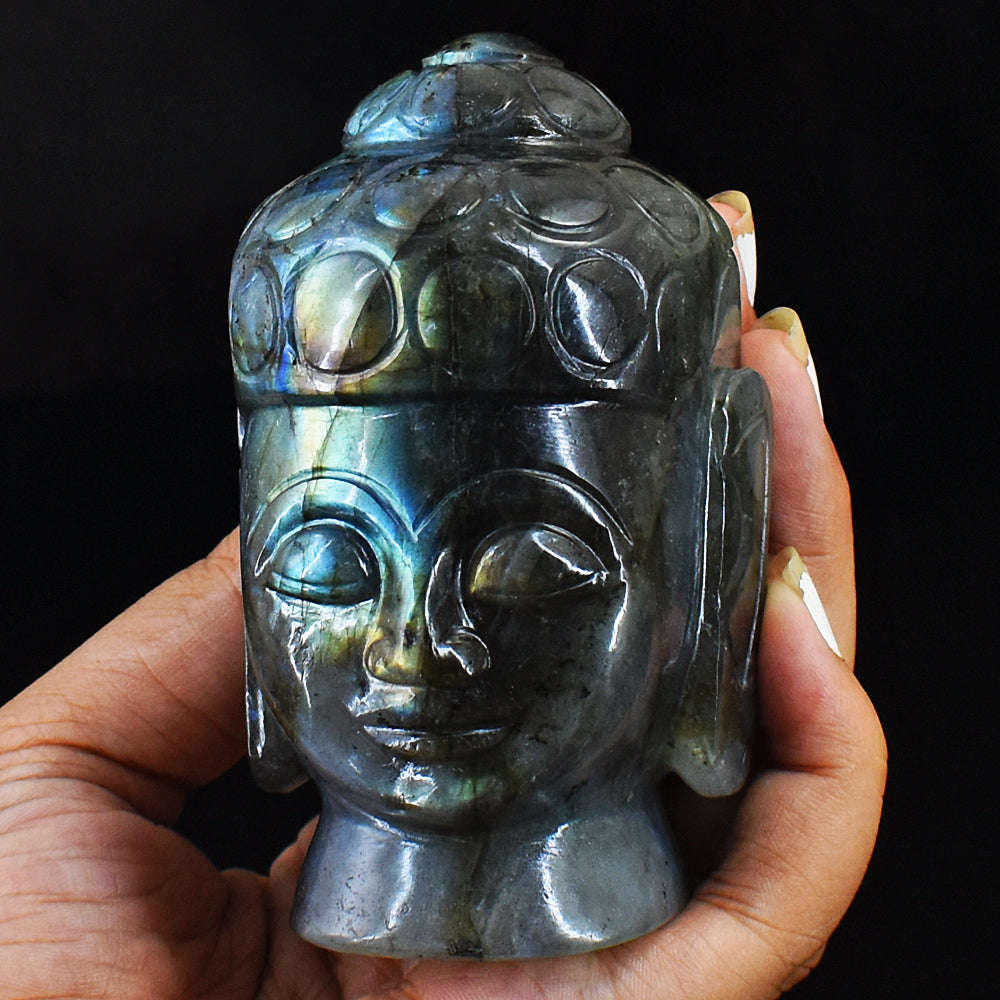 gemsmore:Amazing Flash Labradorite Carved Lord Buddha Head Idol