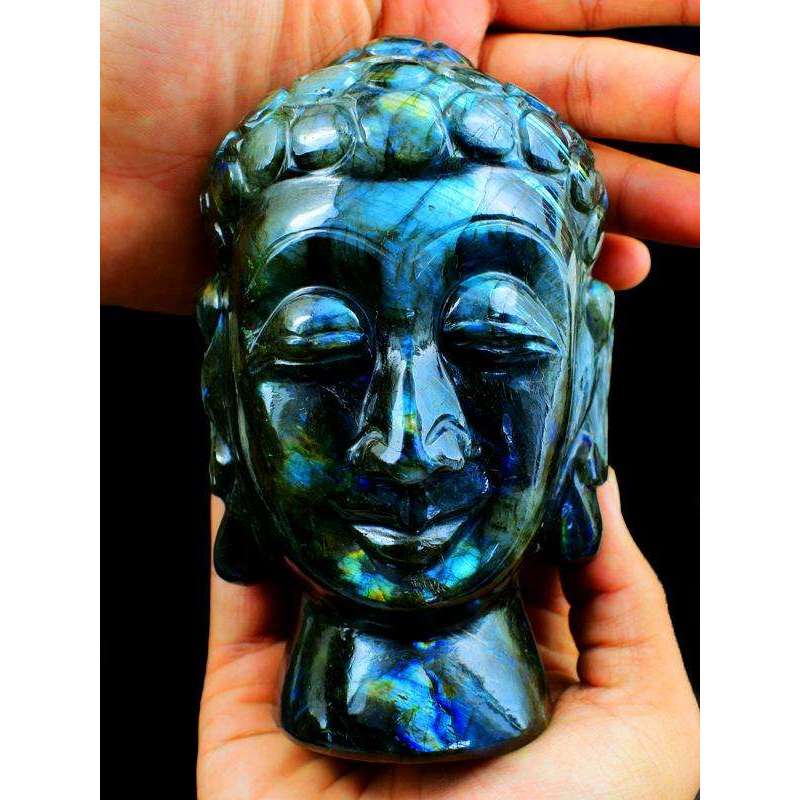 gemsmore:Amazing Flash Labradorite Carved Lord Buddha Head Idol