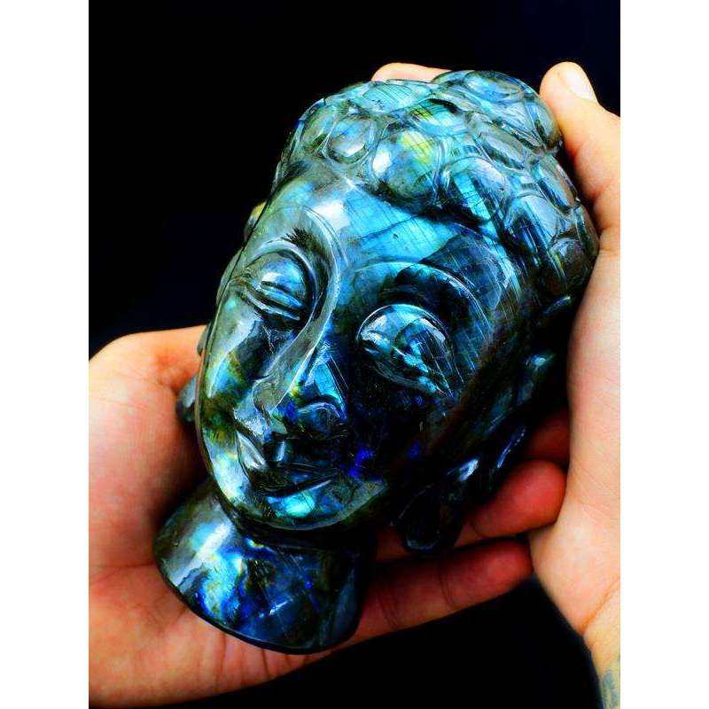 gemsmore:Amazing Flash Labradorite Carved Lord Buddha Head Idol