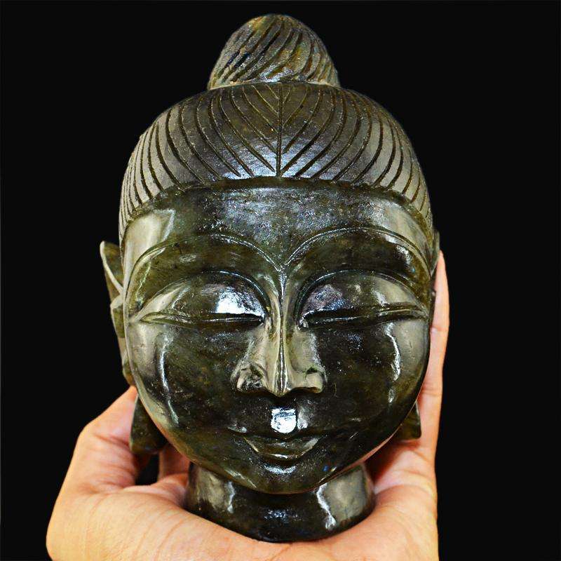gemsmore:Amazing Flash Labradorite Carved Lord Buddha Head Idol