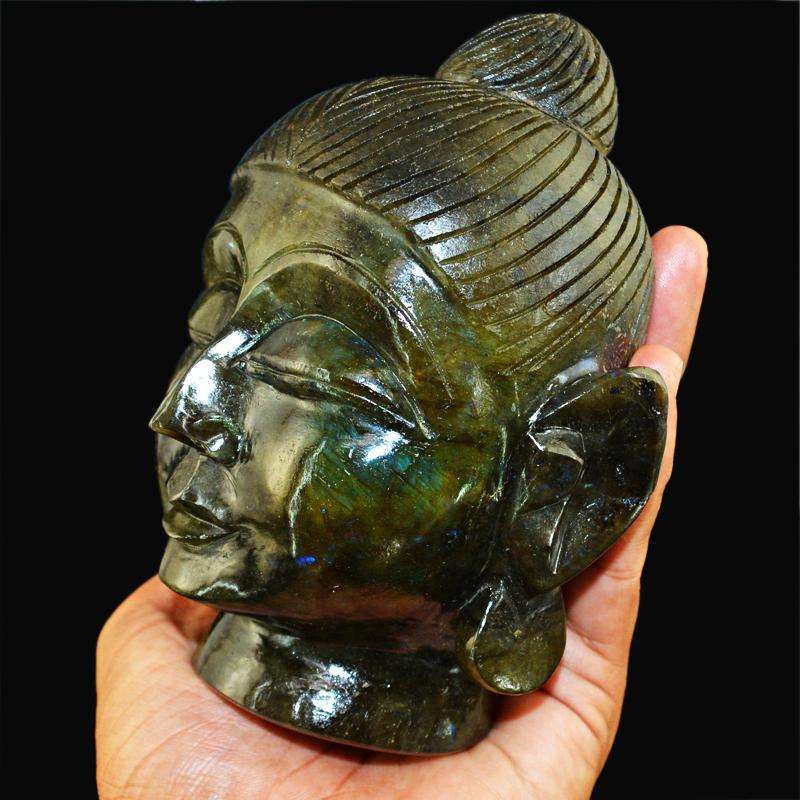 gemsmore:Amazing Flash Labradorite Carved Lord Buddha Head Idol