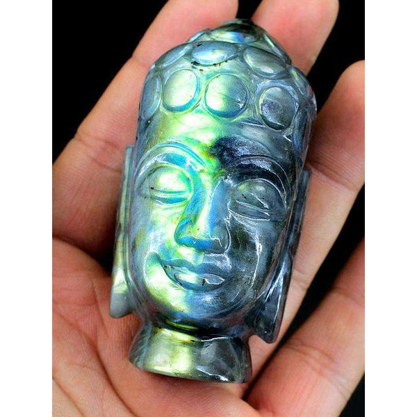 gemsmore:Amazing Flash Labradorite Carved Lord Buddha Head Idol