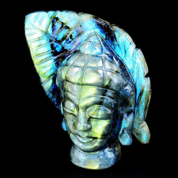 gemsmore:Amazing Flash Labradorite Carved Lord Buddha Head With Leaf