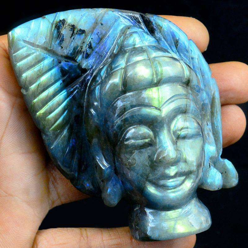 gemsmore:Amazing Flash Labradorite Carved Lord Buddha Head With Leaf