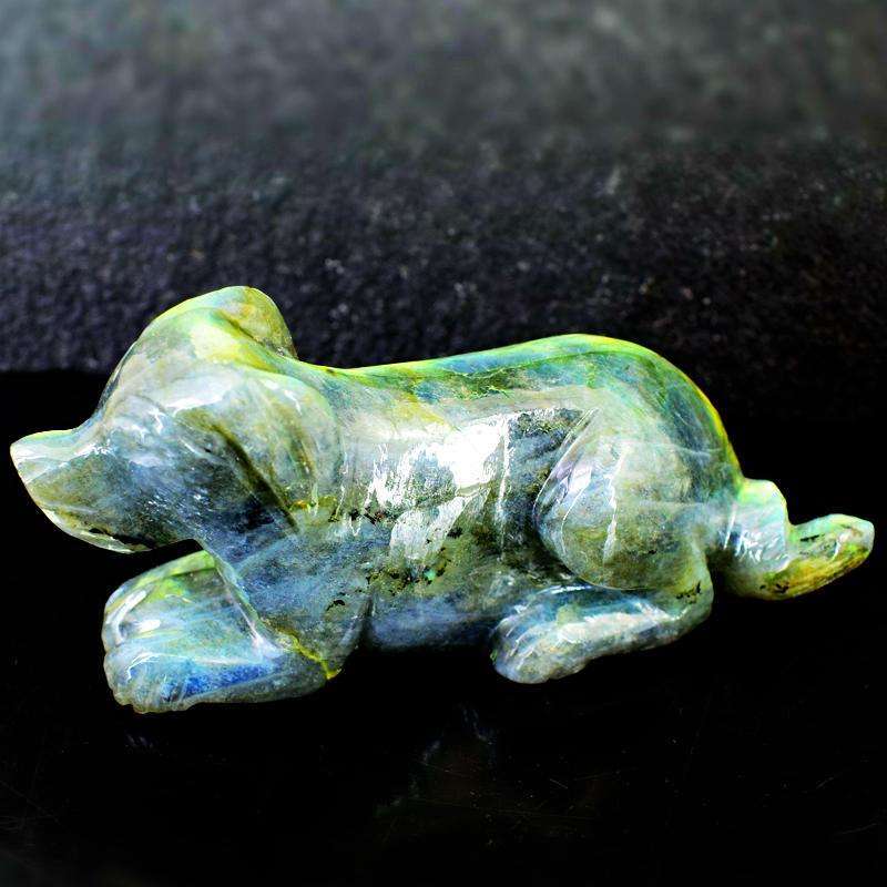 gemsmore:Amazing Flash Labradorite Detailed Carved Dog