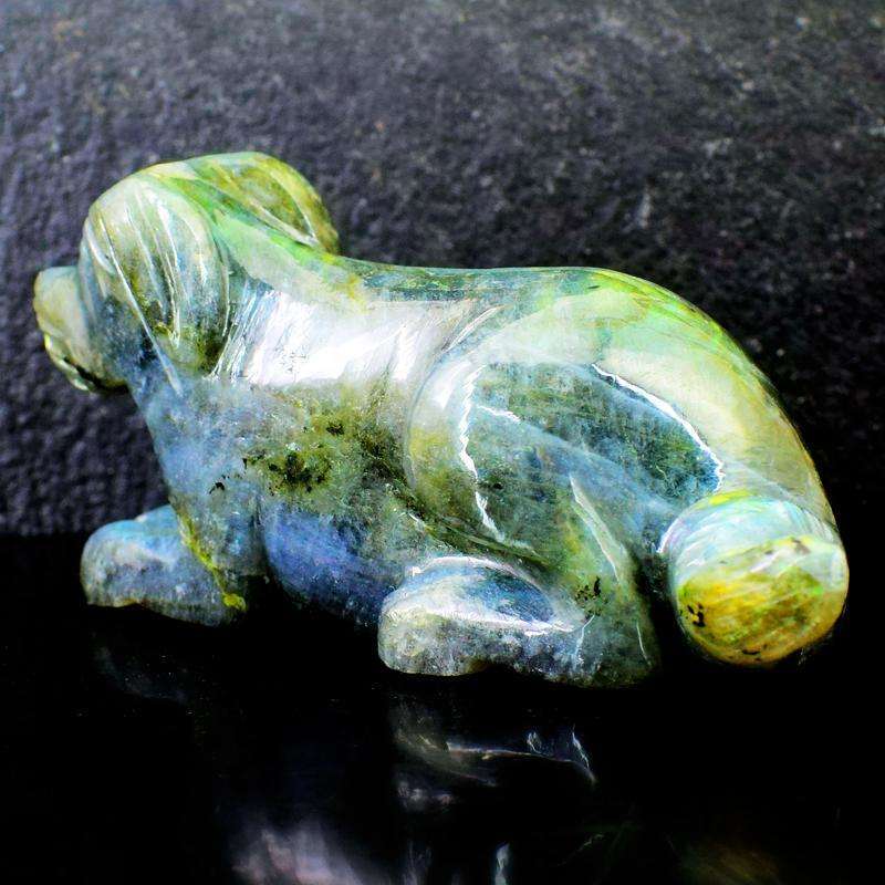 gemsmore:Amazing Flash Labradorite Detailed Carved Dog