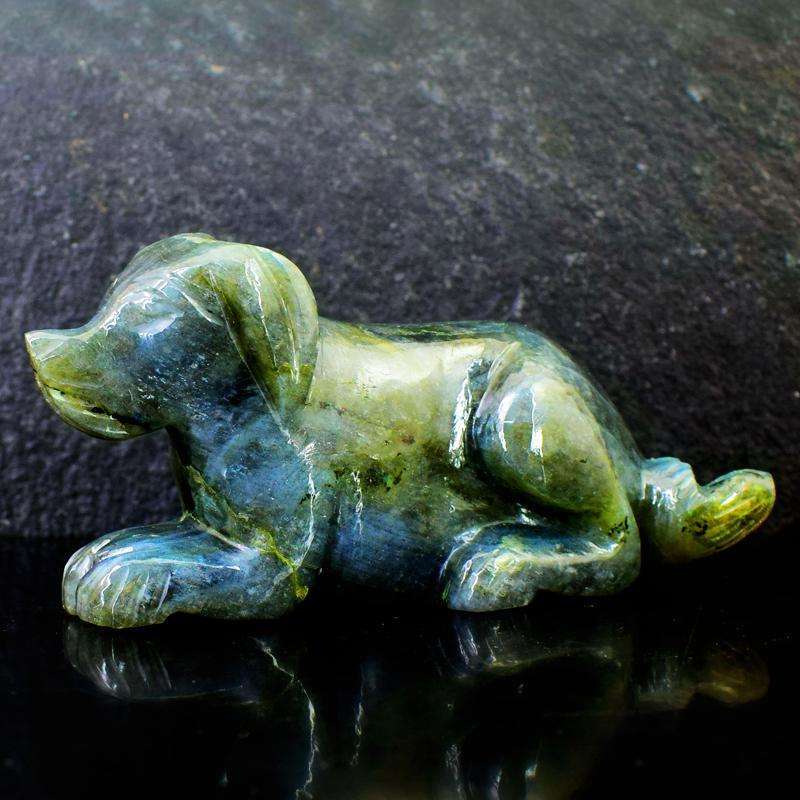 gemsmore:Amazing Flash Labradorite Detailed Carved Dog
