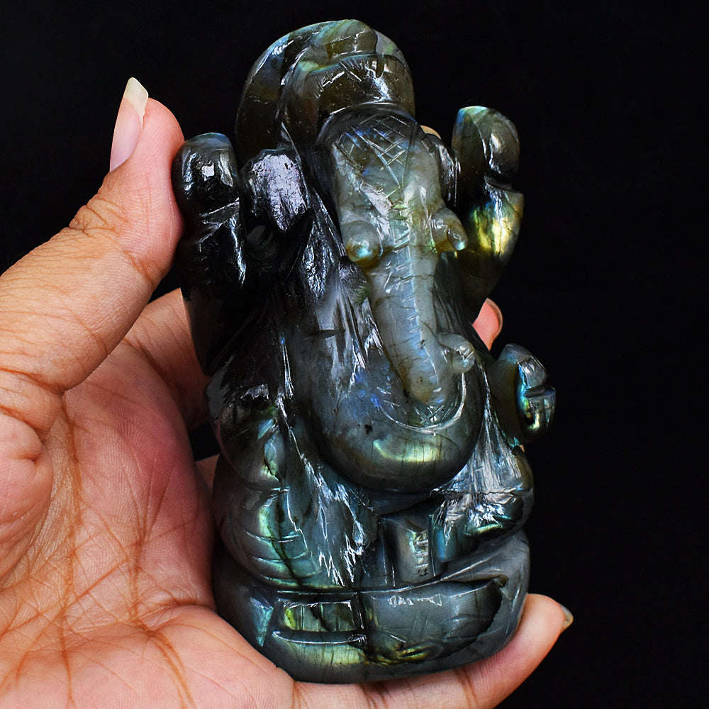 gemsmore:Amazing Flash Labradorite Gemstone Carved Lord Ganesha Idol