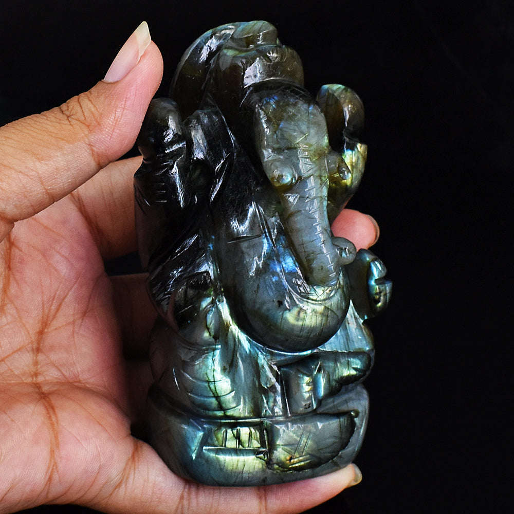 gemsmore:Amazing Flash Labradorite Gemstone Carved Lord Ganesha Idol