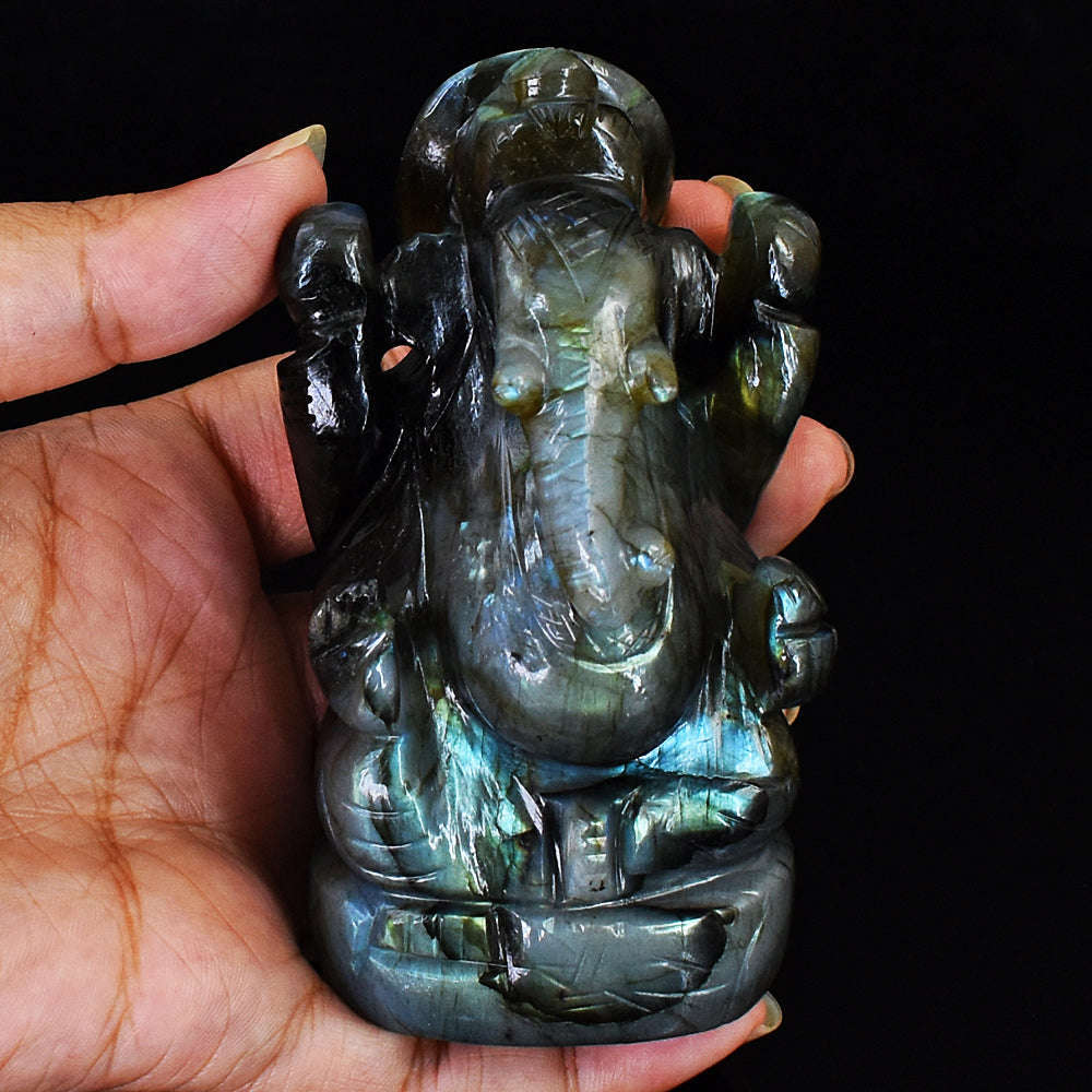 gemsmore:Amazing Flash Labradorite Gemstone Carved Lord Ganesha Idol