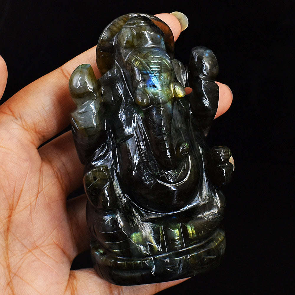 gemsmore:Amazing Flash Labradorite Gemstone Carved Lord Ganesha Idol