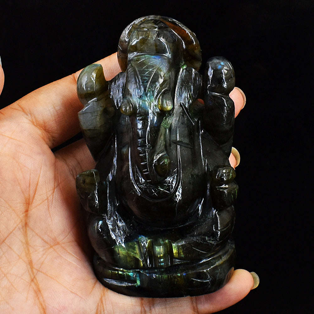 gemsmore:Amazing Flash Labradorite Gemstone Carved Lord Ganesha Idol