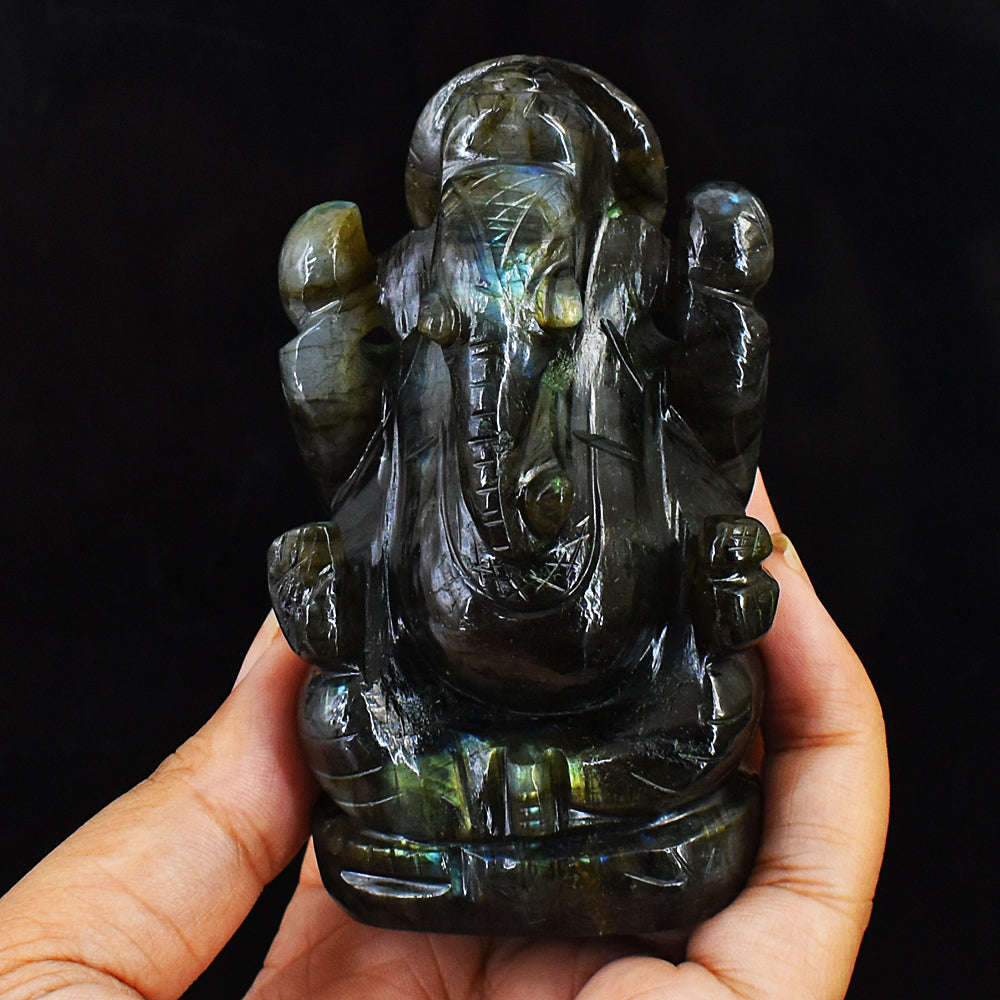 gemsmore:Amazing Flash Labradorite Gemstone Carved Lord Ganesha Idol