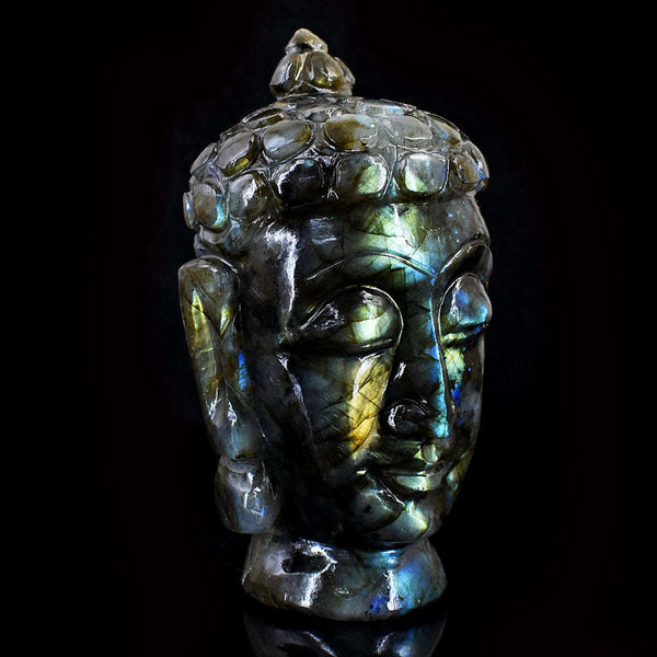 gemsmore:Amazing Flash Labradorite Hand Carved Buddha Head