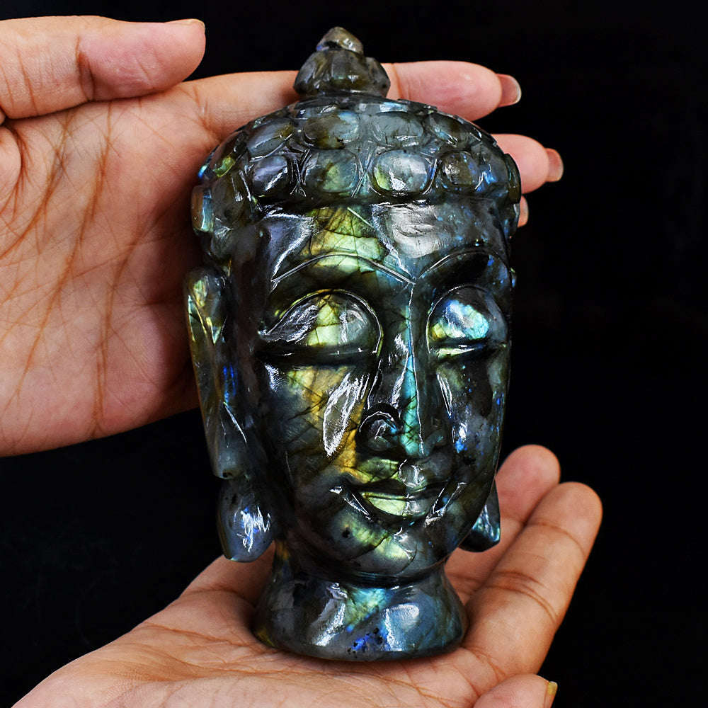gemsmore:Amazing Flash Labradorite Hand Carved Buddha Head
