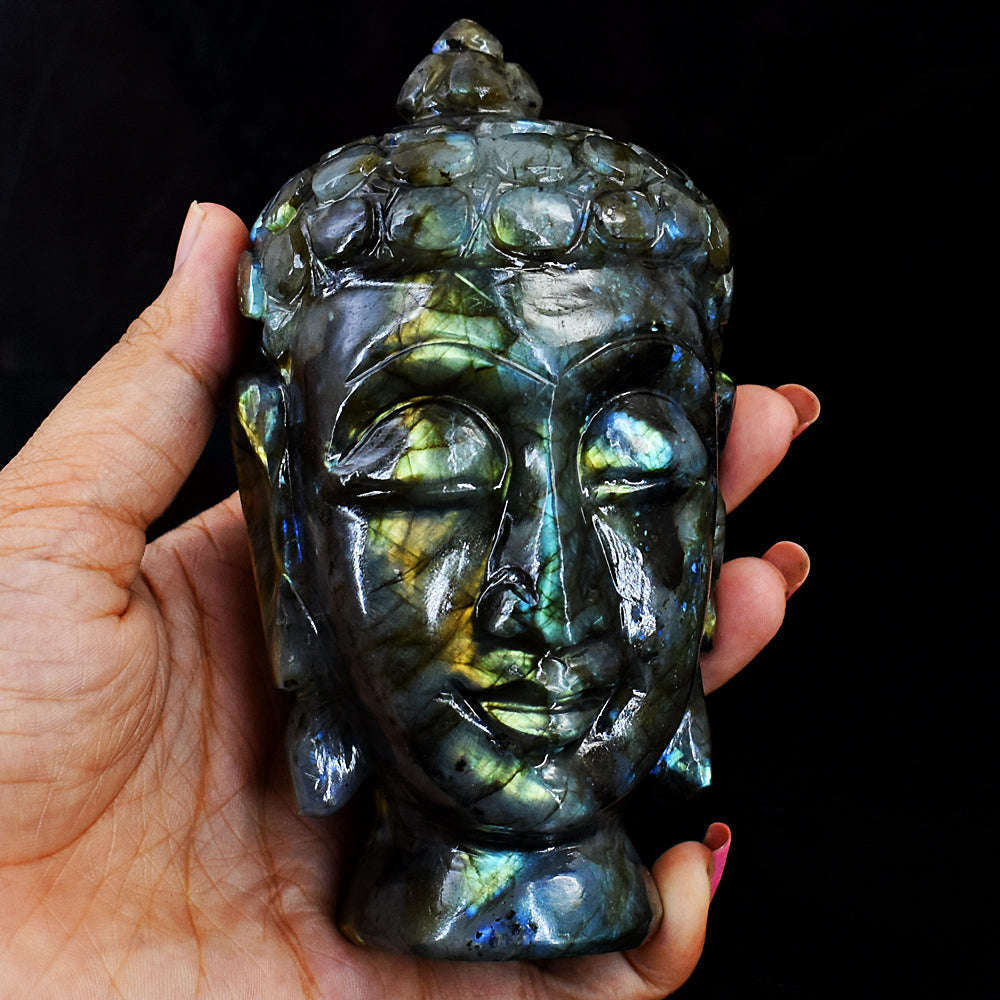 gemsmore:Amazing Flash Labradorite Hand Carved Buddha Head