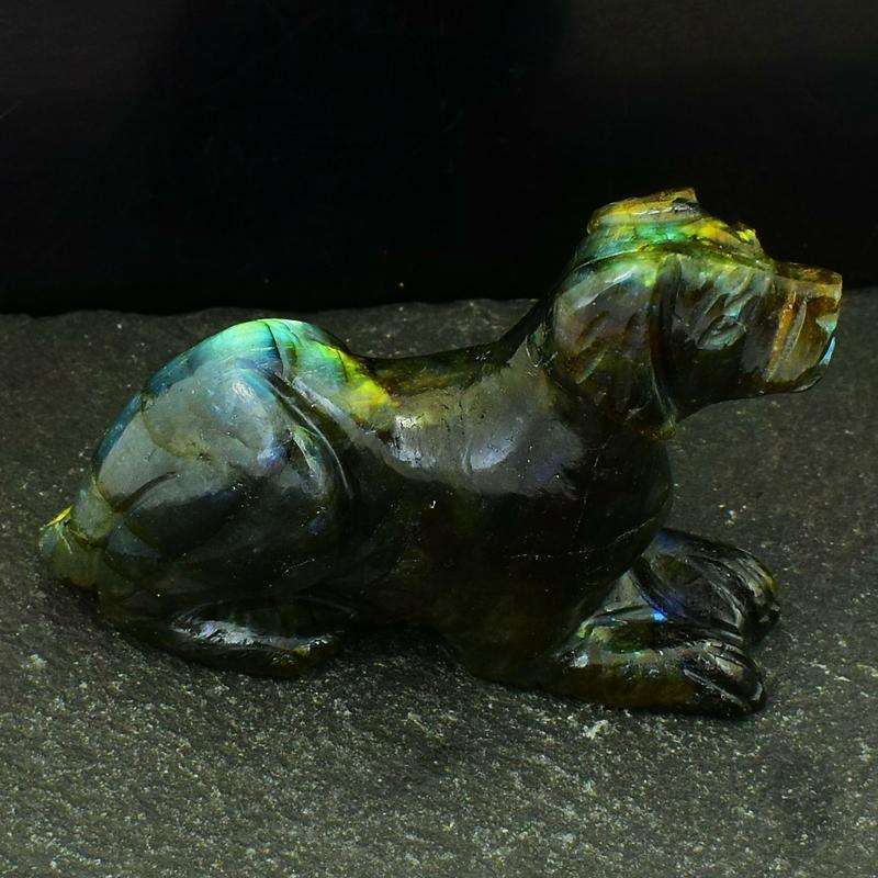 gemsmore:Amazing Flash Labradorite Hand Carved Dog