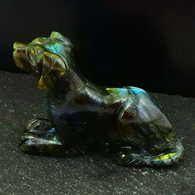 gemsmore:Amazing Flash Labradorite Hand Carved Dog