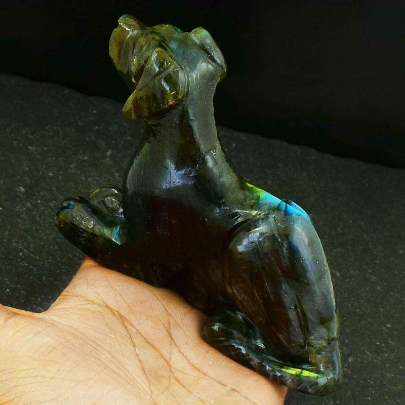 gemsmore:Amazing Flash Labradorite Hand Carved Dog