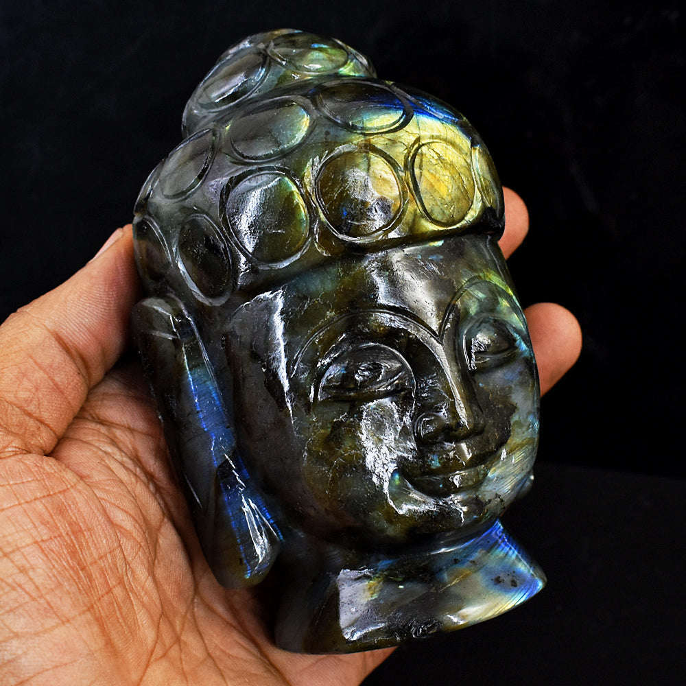 gemsmore:Amazing Flash Labradorite Hand Carved Genuine Crystal Gemstone Carving  Buddha Head