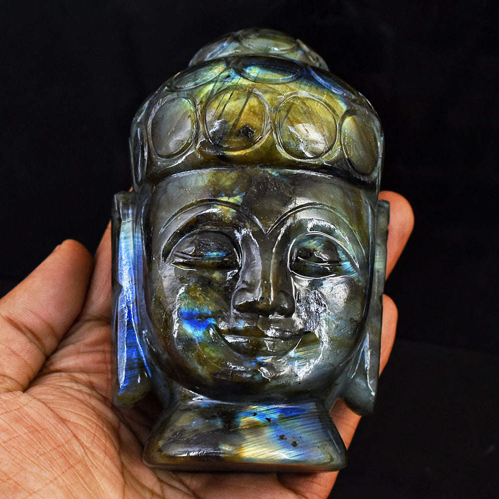 gemsmore:Amazing Flash Labradorite Hand Carved Genuine Crystal Gemstone Carving  Buddha Head