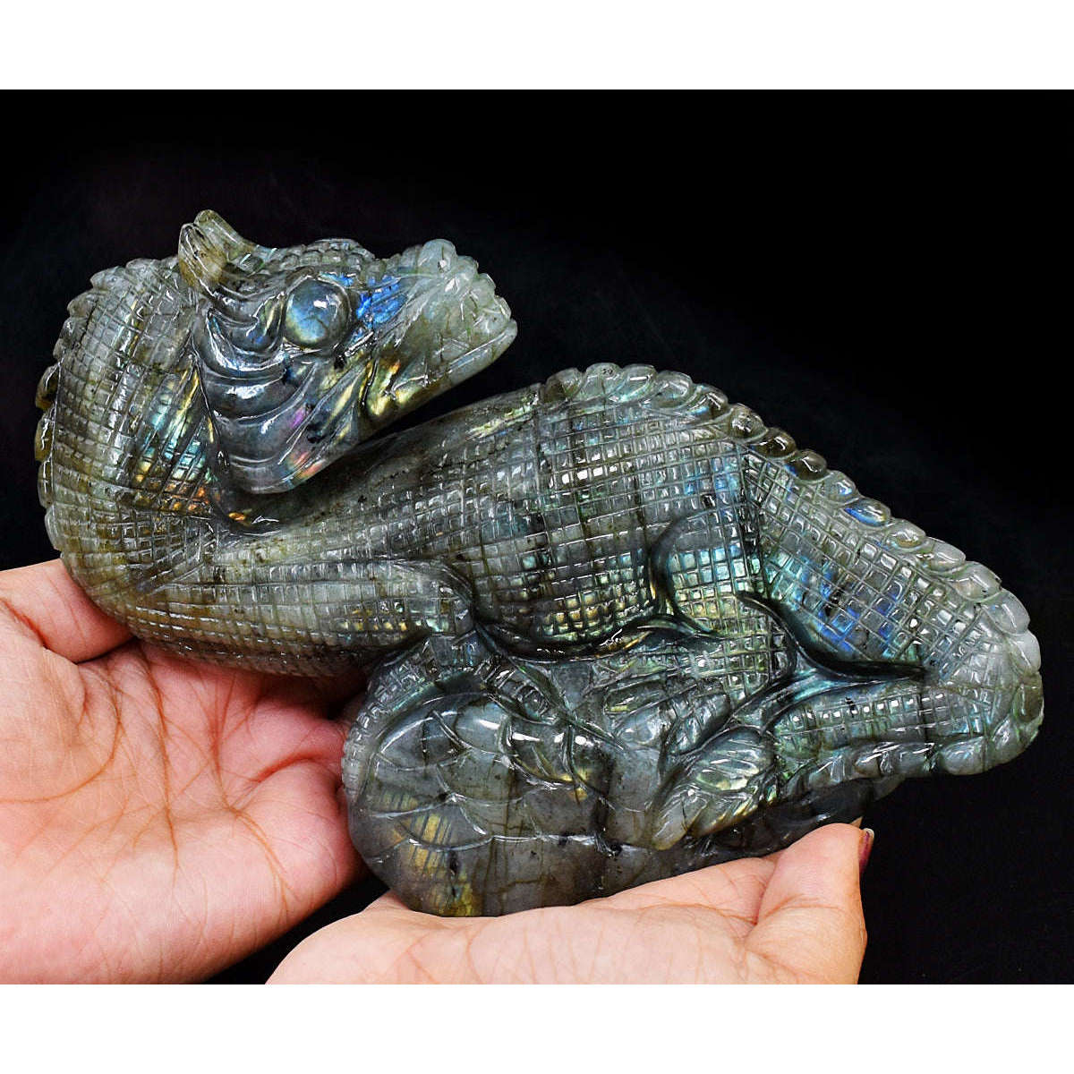 gemsmore:Amazing Flash Labradorite Hand Carved Genuine Crystal Gemstone Carving Dinosaur Dragon