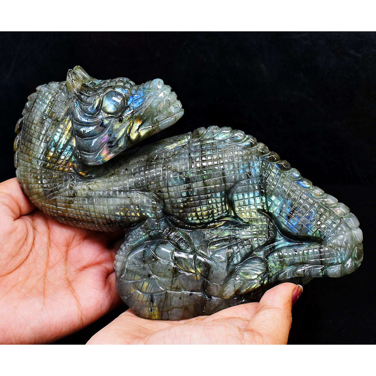 gemsmore:Amazing Flash Labradorite Hand Carved Genuine Crystal Gemstone Carving Dinosaur Dragon