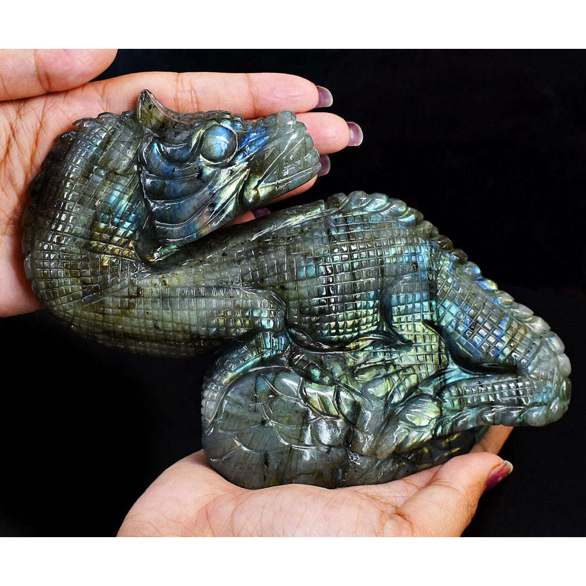 gemsmore:Amazing Flash Labradorite Hand Carved Genuine Crystal Gemstone Carving Dinosaur Dragon