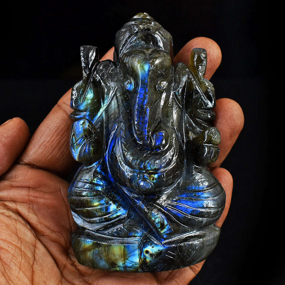 gemsmore:Amazing Flash Labradorite Hand Carved Genuine Crystal Gemstone Carving Lord Ganesha