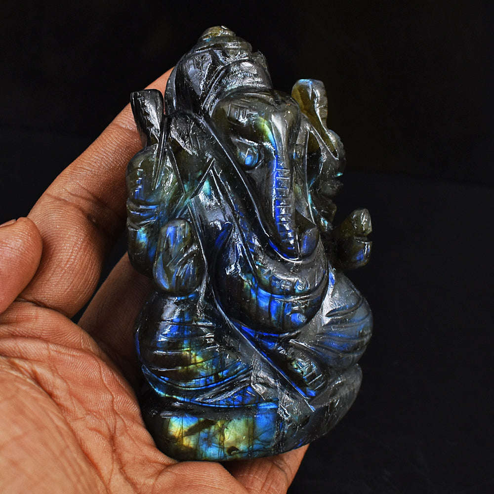 gemsmore:Amazing Flash Labradorite Hand Carved Genuine Crystal Gemstone Carving Lord Ganesha