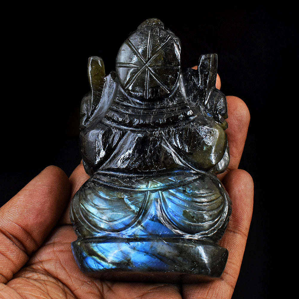 gemsmore:Amazing Flash Labradorite Hand Carved Genuine Crystal Gemstone Carving Lord Ganesha