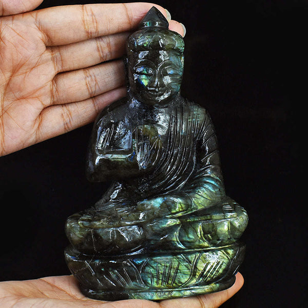 gemsmore:Amazing Flash Labradorite Hand Carved Lord Buddha