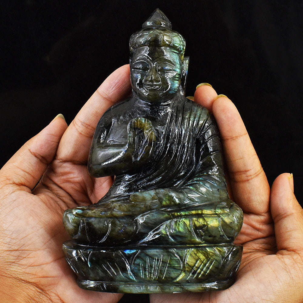 gemsmore:Amazing Flash Labradorite Hand Carved Lord Buddha