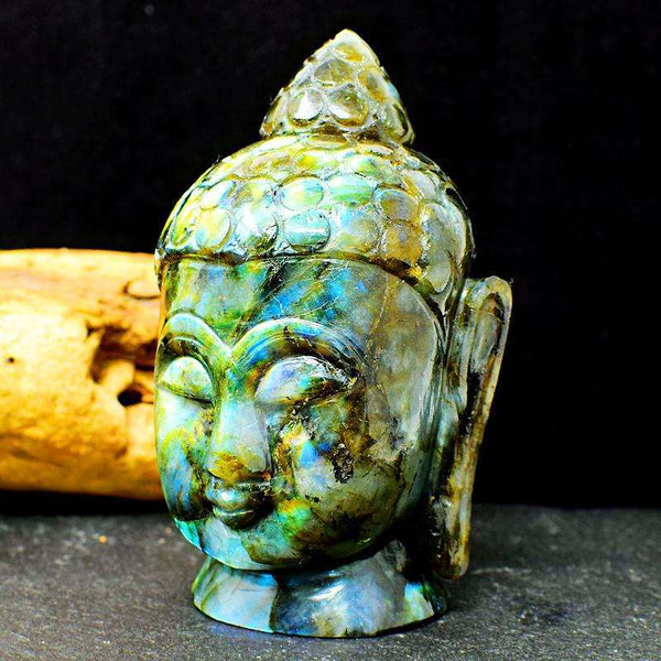 gemsmore:Amazing Flash Labradorite Hand Carved Lord Buddha Head